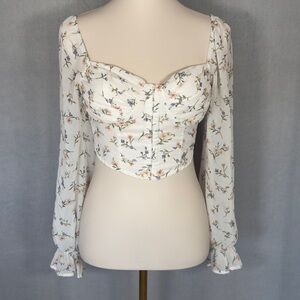 Windsor Ivory Floral Sweetheart Long-Sleeve Crop Blouse